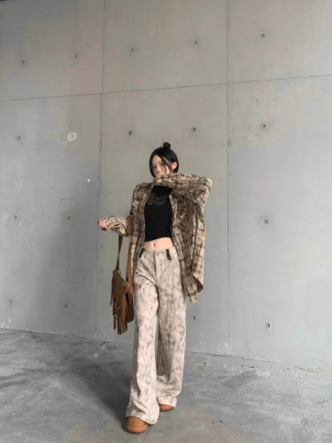 Autumn New American Retro Tie-Dye Print Casual Wide-Leg Pants for Women High-Waisted Loose-Fitting Slimming Flowy Floor-Length Pants