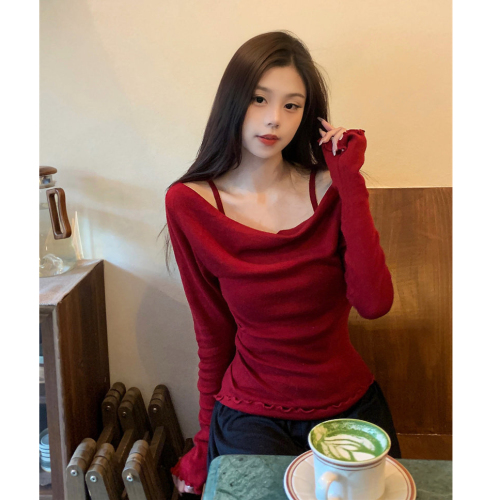 Pure cotton retro niche fake two-piece autumn new hot girl swing collar bottoming shirt women's slimming top