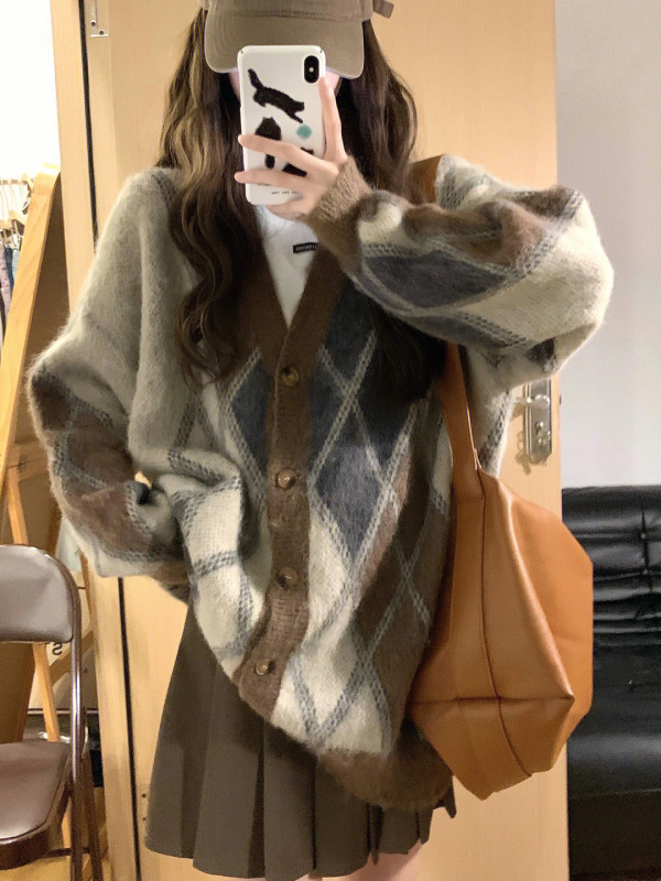 New mohair sweater jacket brown diamond pattern Korean style loose hic knitted cardigan + pleated skirt two-piece set