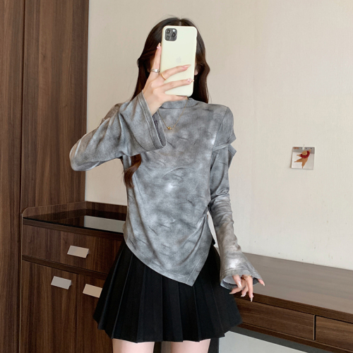 Actual shot of 2024 new autumn clothing for fat mm plus size women chic tie-dye hole sweet spicy irregular long-sleeved T-shirt