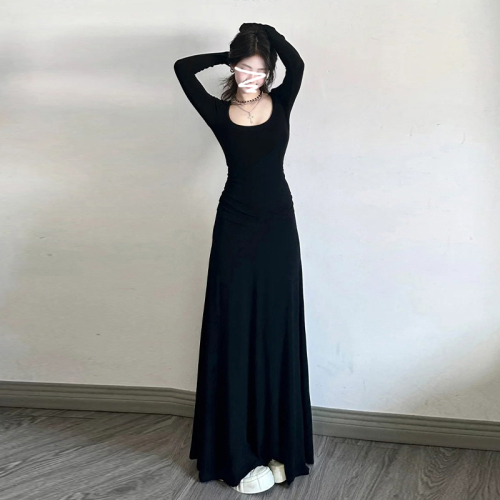 2024 early autumn new Korean style high-end black long-sleeved dress early autumn women's royal sister style slim long skirt