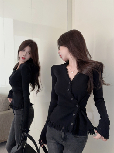 Designed v-neck tassel knitted cardigan for women in autumn and winter Korean style raw edge with irregular top