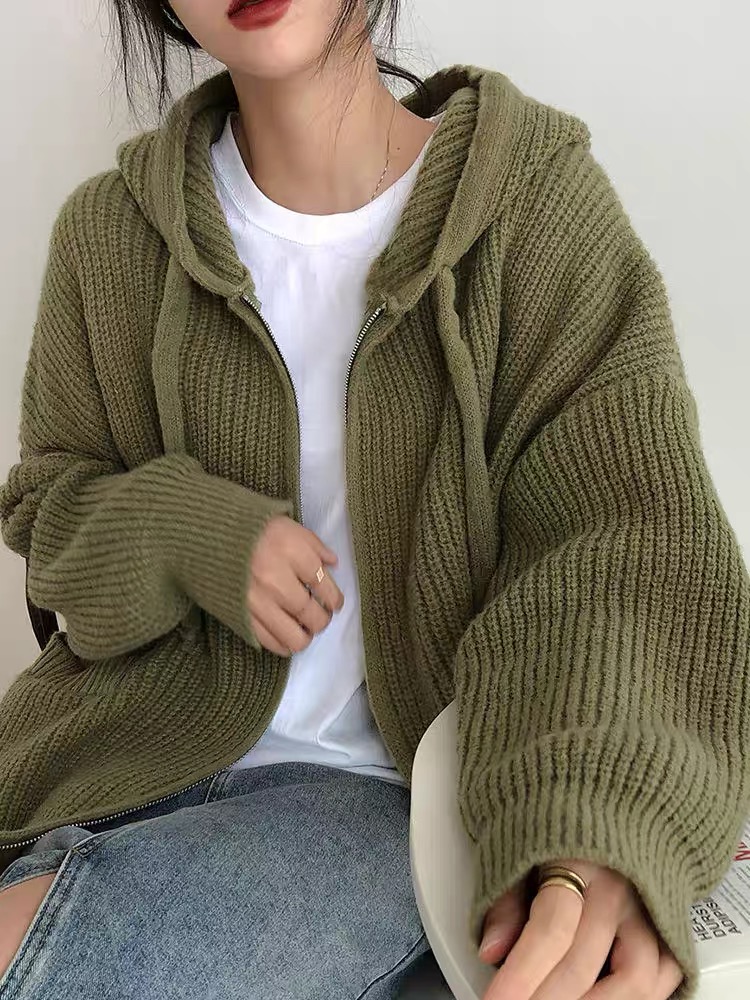 Loose hooded sweater cardigan coat for women autumn and winter 2024 retro lazy style knitted sweater top trend