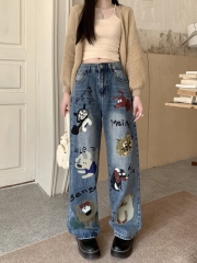 Real shot!  Early Spring Jeans Women's New Winter Cartoon Graffiti Print Loose Straight Wide Leg Long Pants