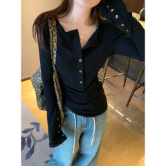 Actual shot of autumn and winter Korean style half open collar button design, slimming and simple simple cotton long-sleeved T-shirt top