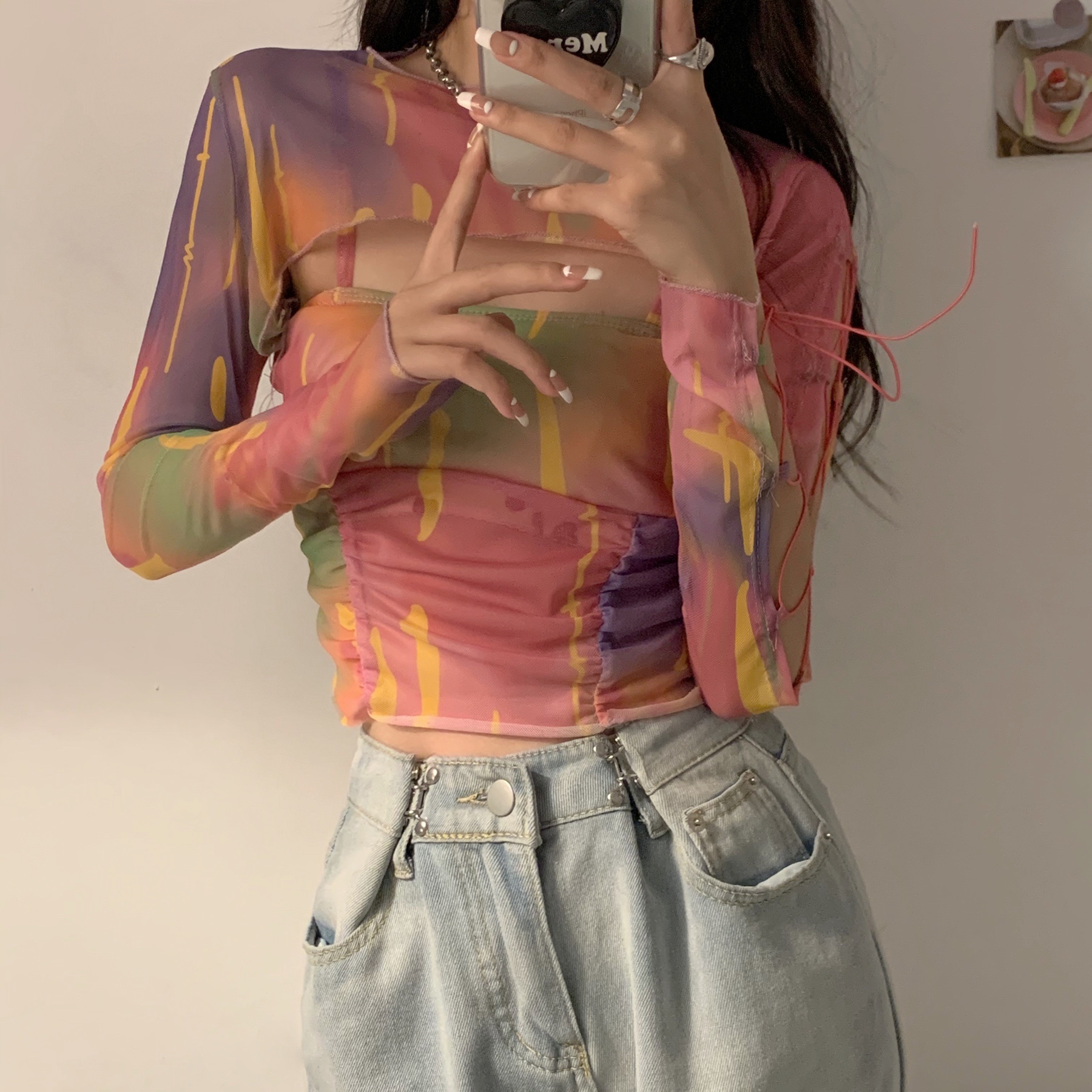 實拍  少女心彩虹撞色吊帶洋氣網紗潮心機綁帶個性上衣套裝