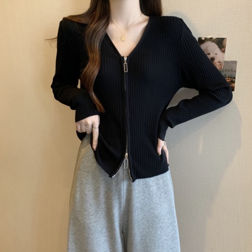 Quarter plus size women's right shoulder design long sleeve knitted cardigan women's tummy-covering zipper top