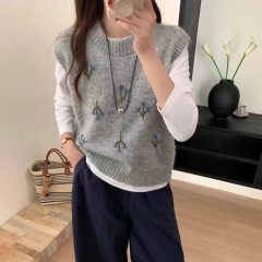 早秋新款韓國東大門立體重工刺繡花朵圓領無袖外搭背心女10%羊毛