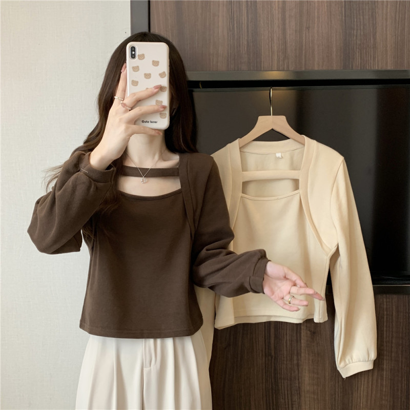 Plus size women's Korean style solid color square collar slim and feminine bottoming thickened loose autumn sweater