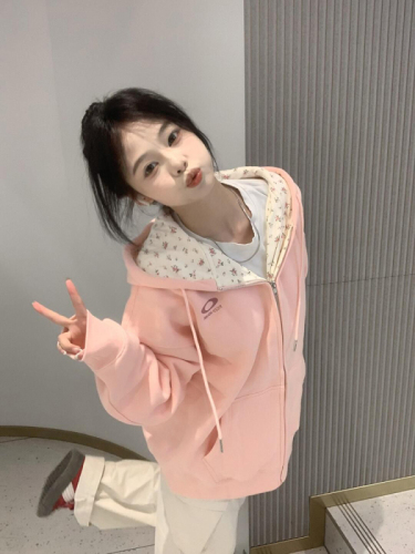 Pink floral print hoodie coat for women, 2024 new spring and autumn oversized loose lazy style zipper cardigan