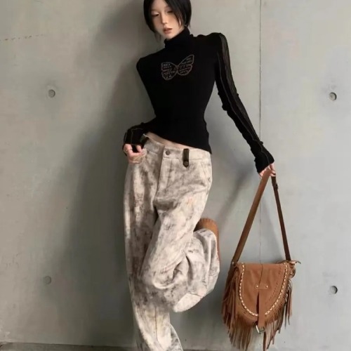 Autumn New American Retro Tie-Dye Print Casual Wide-Leg Pants for Women High-Waisted Loose-Fitting Slimming Flowy Floor-Length Pants