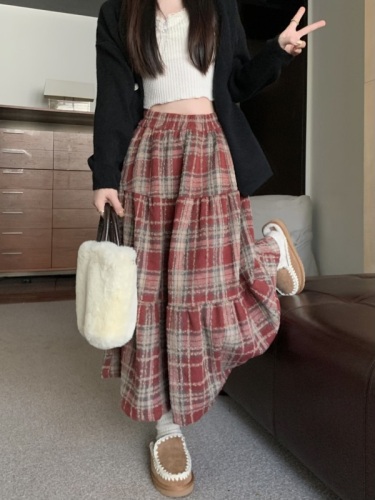 Real shot of woolen thickened Christmas red plaid high waist casual slimming cake skirt mid-length skirt