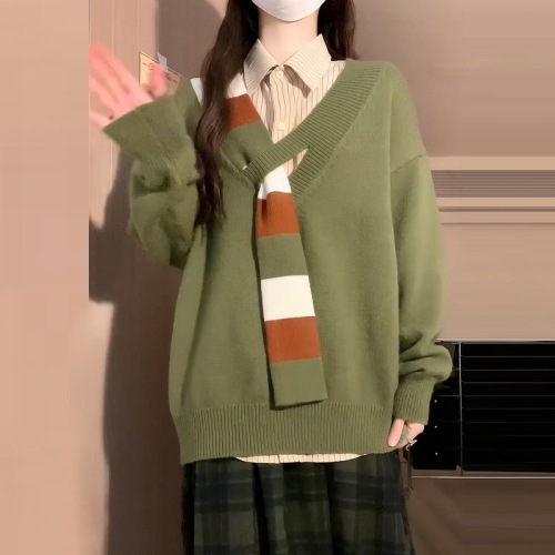 Korean style striped fake scarf, lazy and loose V-neck sweater, pullover sweater