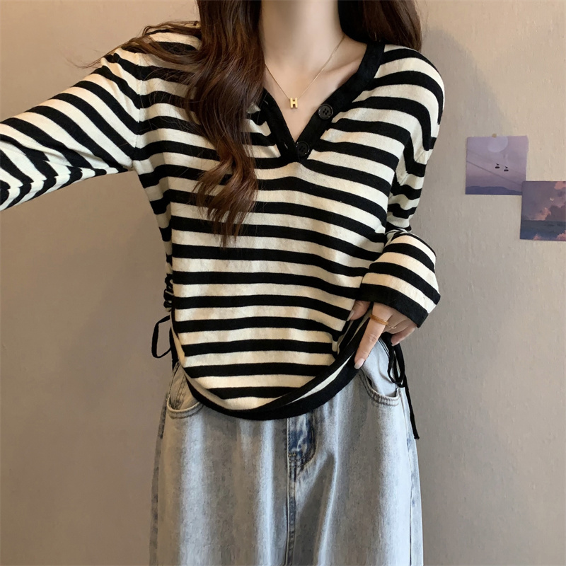Autumn new fat girl large size V-neck striped drawstring irregular knitted long-sleeved sweater