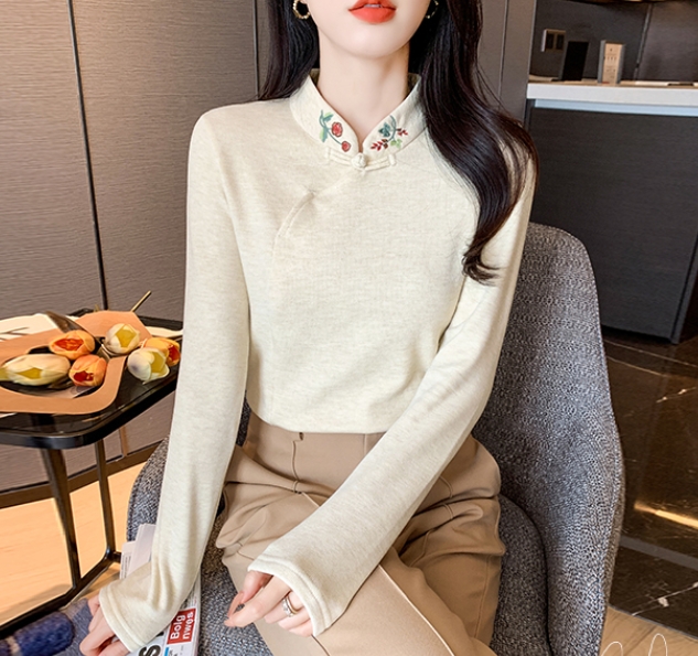 2024 winter velvet embroidery slimming simple lady super slim long-sleeved cheongsam bottoming top