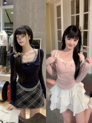 Designed knitted T-shirt fake two-piece top pure lust style long-sleeved bottoming shirt