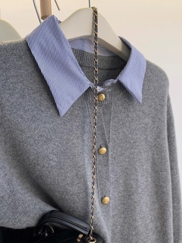 Gray fake two -piece shirt collar sweater cardigan female autumn and winter thickened wool cashmere knitted jacket small