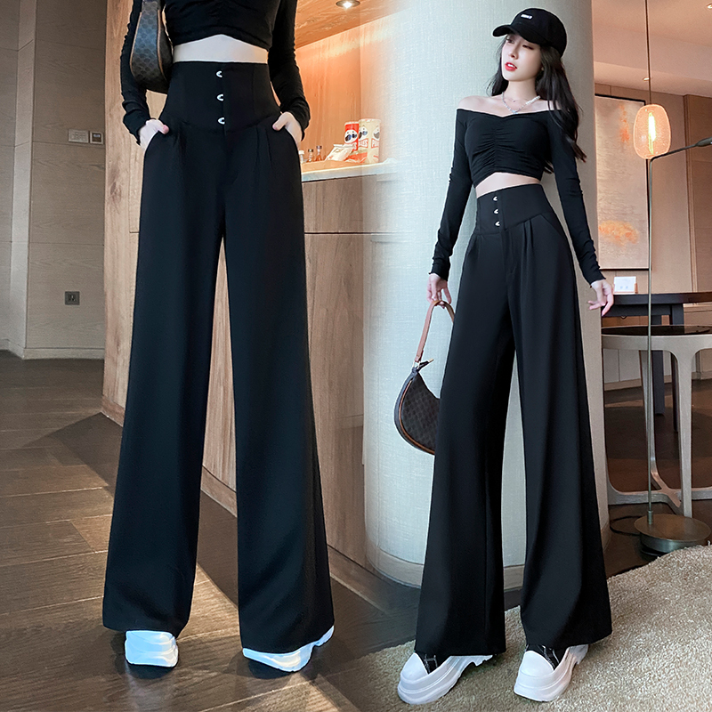 2024 New Spring and Autumn Black Internet Celebrity Casual Pants Drapey High Waist Slim Wide Leg Pants Loose Women's Suit Pants