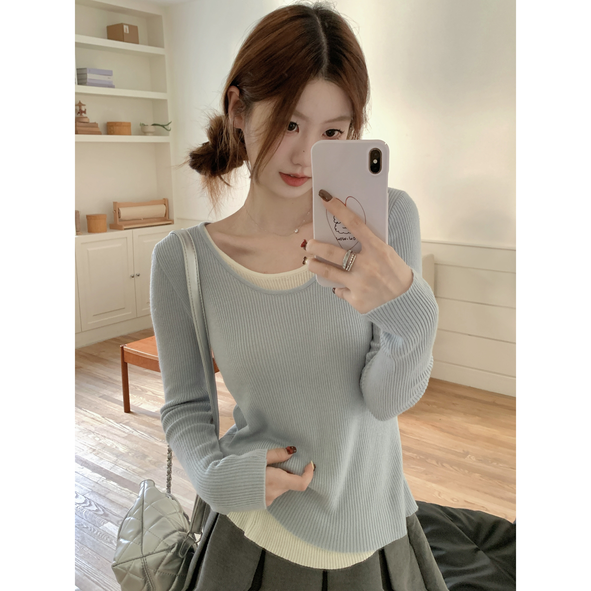 Real shot of autumn and winter Korean style round neck contrasting fake two-piece temperament versatile 6 wool knitted bottoming shirt top