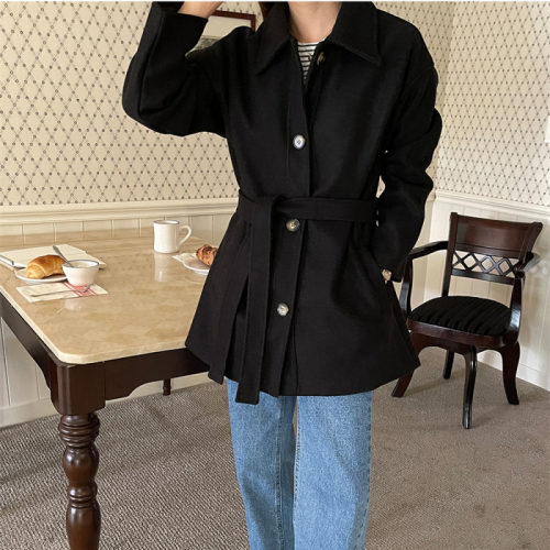 The size has been updated chic Korean style winter new fashion lapel single-breasted strappy wool coat jacket