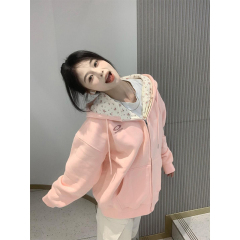 Pink floral print hoodie coat for women, 2024 new spring and autumn oversized loose lazy style zipper cardigan