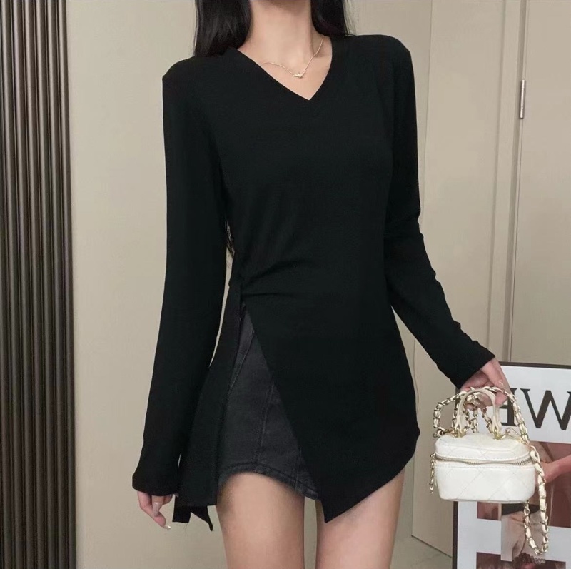 Large size Irregular side slit waist slim fit solid color versatile round neck V-neck long sleeves slim and long T
