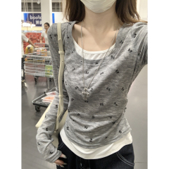 Real shot of autumn and winter Korean style contrasting color butterfly print Tencel skin-friendly fake two-piece long-sleeved inner T-shirt top for women