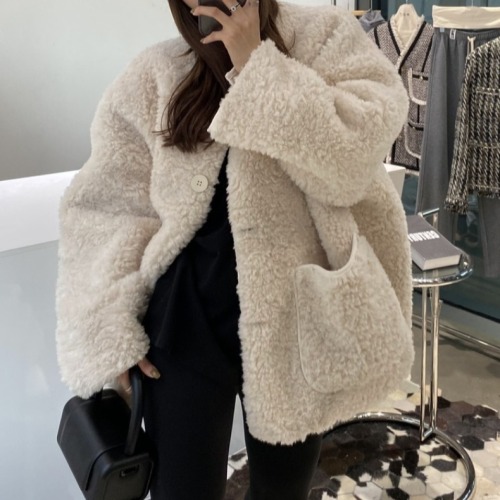 2024 new Korean style high-end lazy style lamb fur one-piece jacket