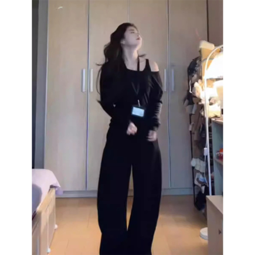 Original fabric fake two-piece pure desire fake two-piece oblique shoulder unique spicy girl long-sleeved t-shirt women 