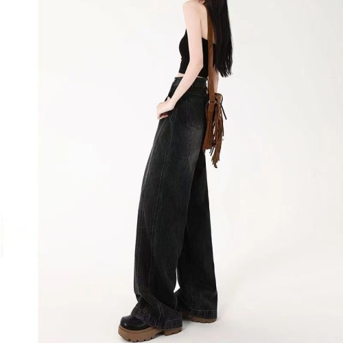 Wide-leg jeans for women in autumn new style high-waisted straight-leg loose slimming design wide-leg floor-length pants