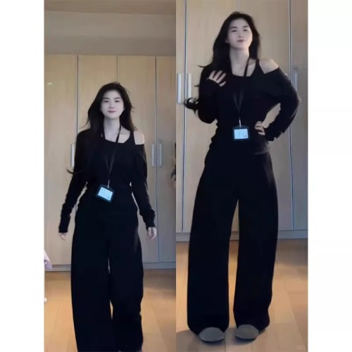 Original fabric fake two-piece pure desire fake two-piece oblique shoulder unique spicy girl long-sleeved t-shirt women 