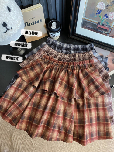 Actual shot of the new autumn and winter plaid wool Korean style retro fashion high-waisted slimming lotus leaf puff skirt