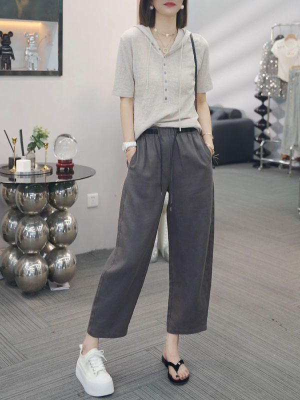 Simple solid color short-sleeved hooded top for women high-waisted loose casual slim nine-point pants summer new fashion suit