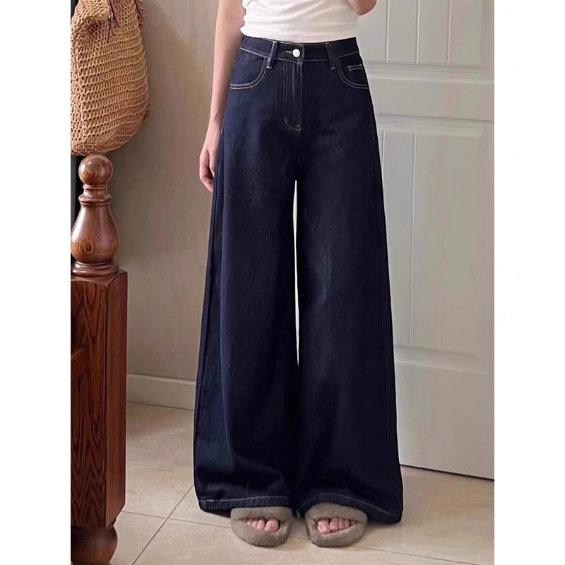 Hong Kong style retro blue loose wide leg pants jeans for women autumn high waist slim straight pants floor mopping long pants
