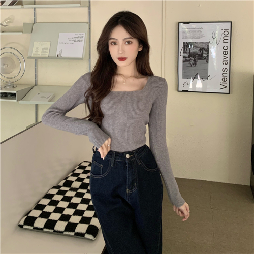 Actual shot of new autumn and winter solid color square collar versatile knitted slim fit long-sleeved bottoming top