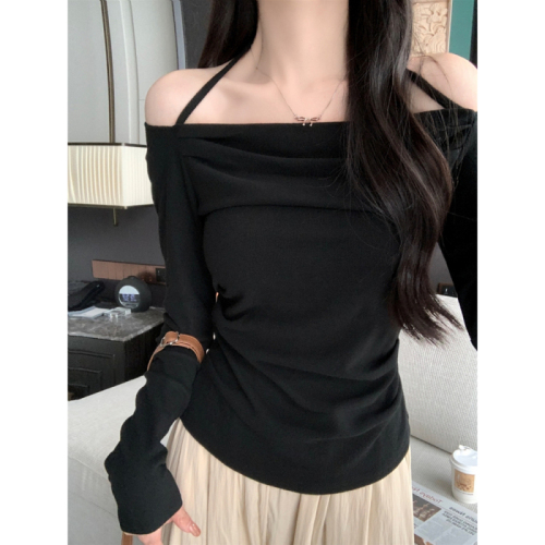 Actual shot of 2024 autumn and winter wear brushed off-shoulder halterneck long-sleeved T-shirt for women