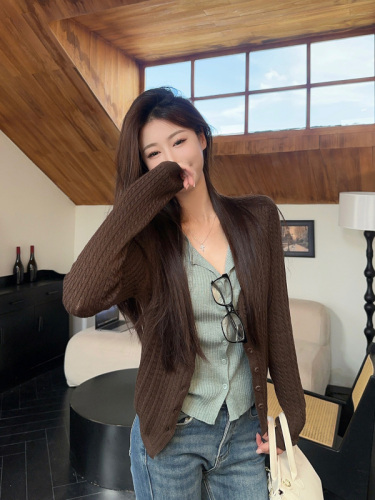 Real shot ~ Soft fake two-piece design fine linen knitted women's autumn v-neck slim contrast cardigan top