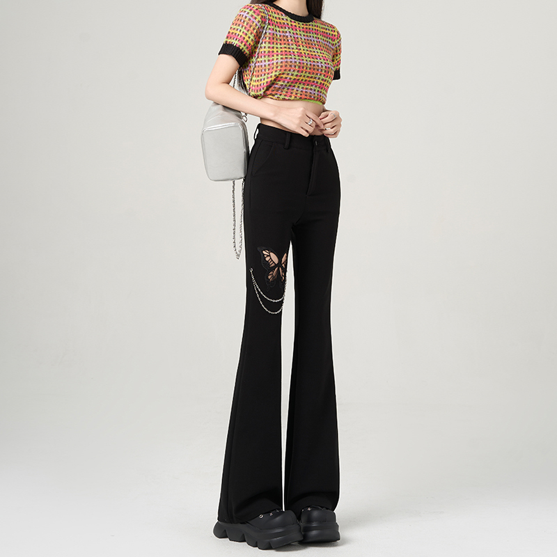 Black bell-bottomed pants for women, high-waisted, slim and drapey, slim fit, stretchy boot-cut pants, casual trousers