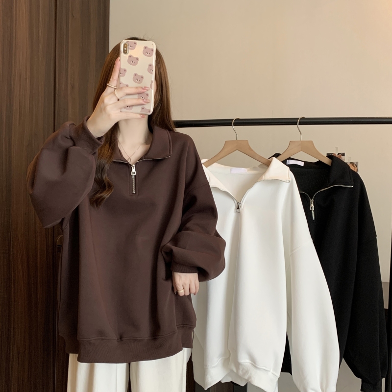 Large size fat mm loose zipper design versatile slimming sweatshirt pullover long-sleeved top