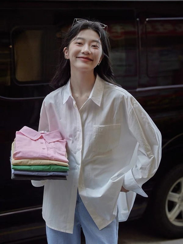 2024 Korean white long-sleeved shirt women's tops high-end design niche shirt jacket autumn new pink