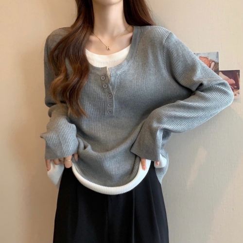 Large size belly-covering round neck fake two-piece women's Korean style autumn fat mm looks slim, unique and chic, versatile tops and small shirts