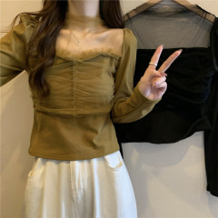 Plus size women's autumn and winter thickened flesh-covering long-sleeved square collar hollow mesh top bottoming shirt for women