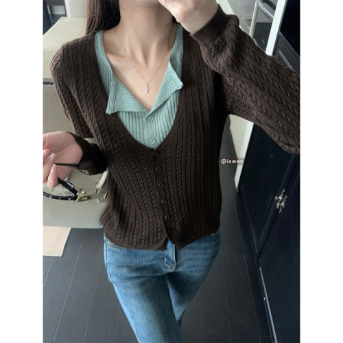 Real shot ~ Soft fake two-piece design fine linen knitted women's autumn v-neck slim contrast cardigan top