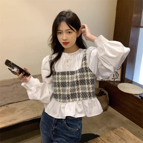 Large size fake two piece plaid shirt women's autumn clothing 2024 fat mm loose slimming French top