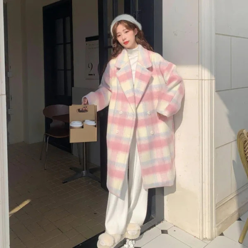 Pink woolen coat for women in winter thickened new plaid small gentle style Korean style long coat for women