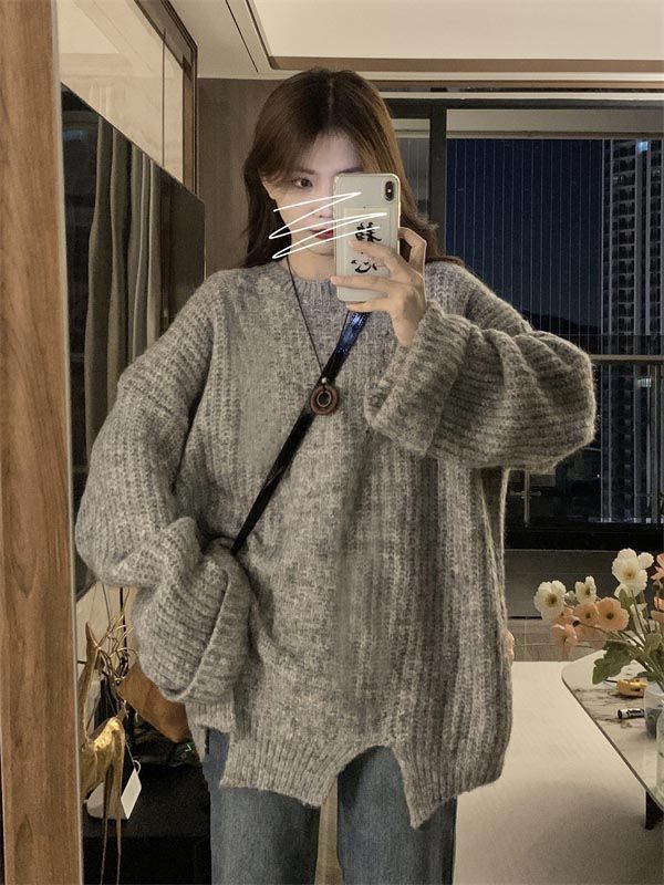 Retro lazy style irregular thickened round neck sweater for female students autumn and winter new loose and versatile sweater top