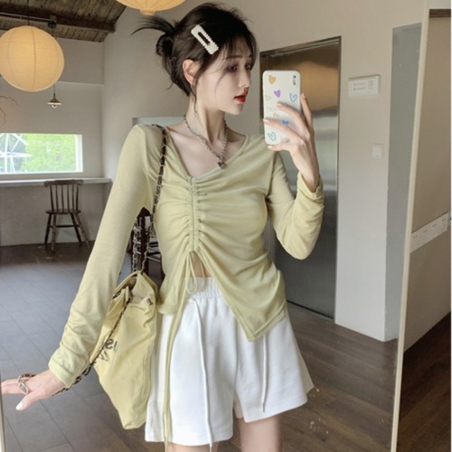 Original Tencel fabric Hong Kong style pure desire V-neck sunscreen long-sleeved women's 2024 sexy hot girl temperament slim fit top