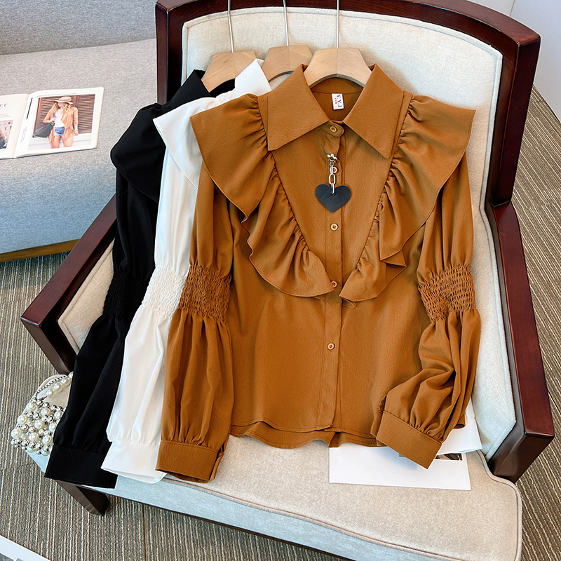 Plus size women's clothing design fat mm long-sleeved ruffled lantern sleeve shirt women's versatile autumn style top