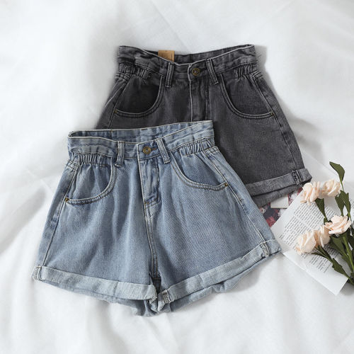 Hong Kong chic retro high-waisted loose wide-leg pants for women, versatile curled denim shorts, casual hot pants