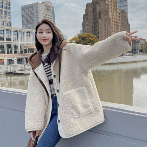 Lamb plush coat for women in autumn and winter plus velvet and thickened hooded loose and versatile new Korean style fur all-in-one cotton coat for women